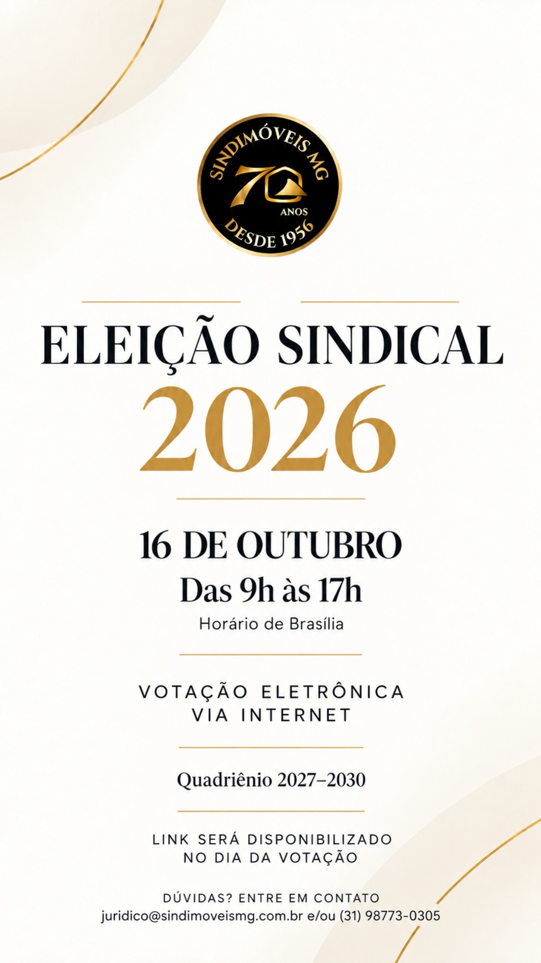 Eleição Sindical 2026 — 16 de outubro, das 9h às 17h, votação eletrônica via internet